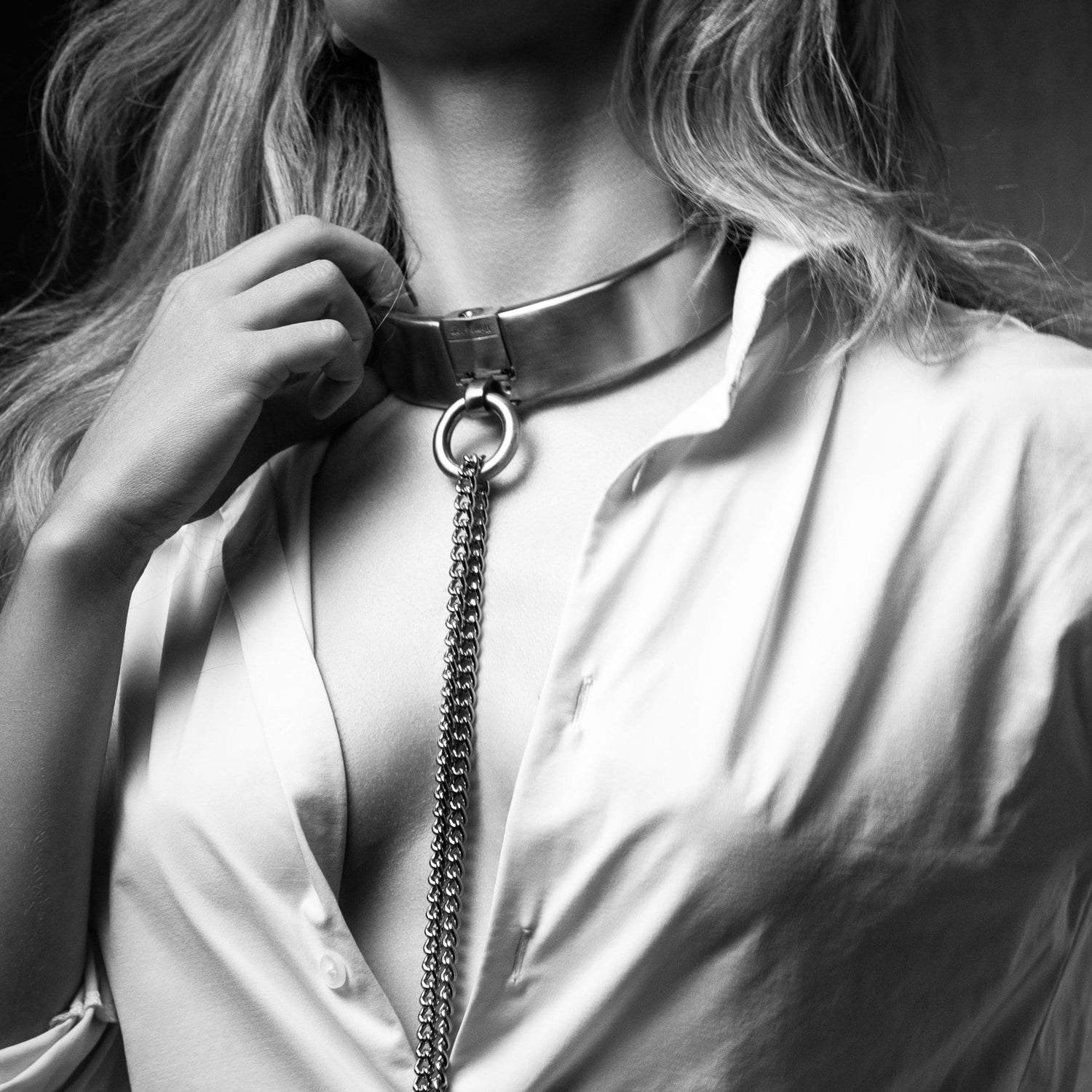 Massive brushed stainless steel bdsm collar with padlock