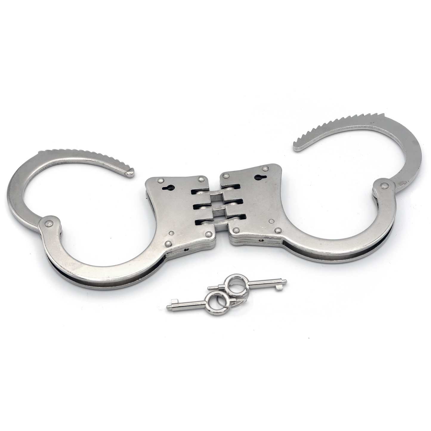 Hinged handcuffs, rigid design with two keys