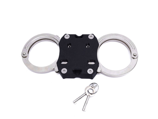 Hinged handcuffs, rigid design with two keys