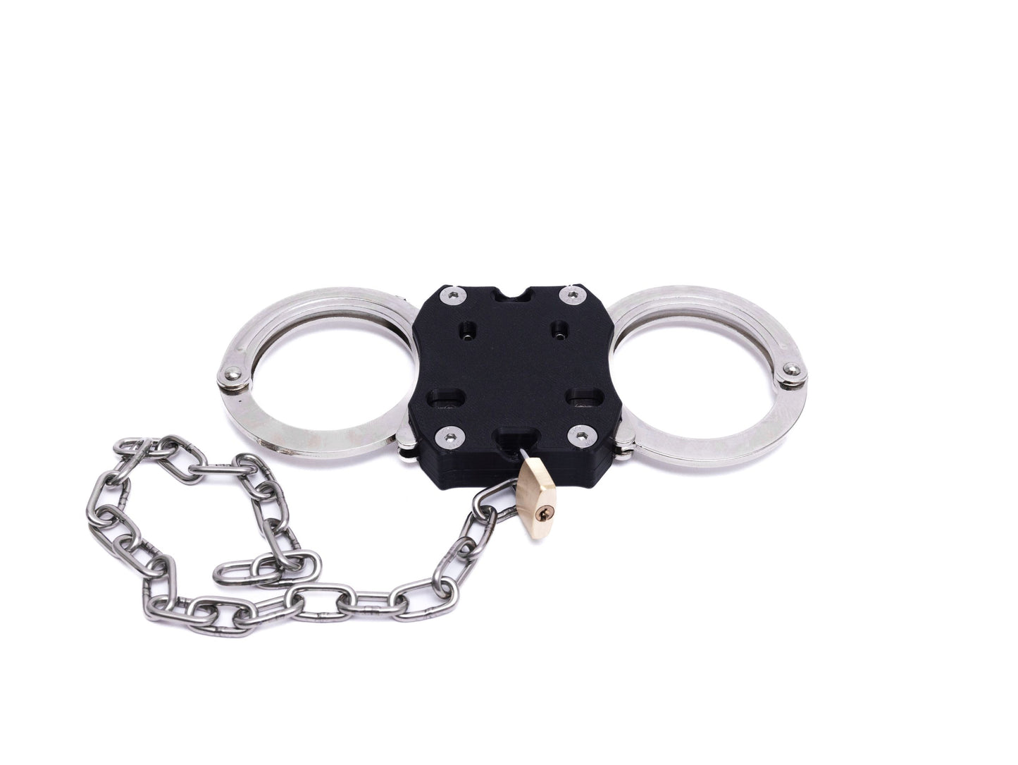 Hinged handcuffs, rigid design with two keys