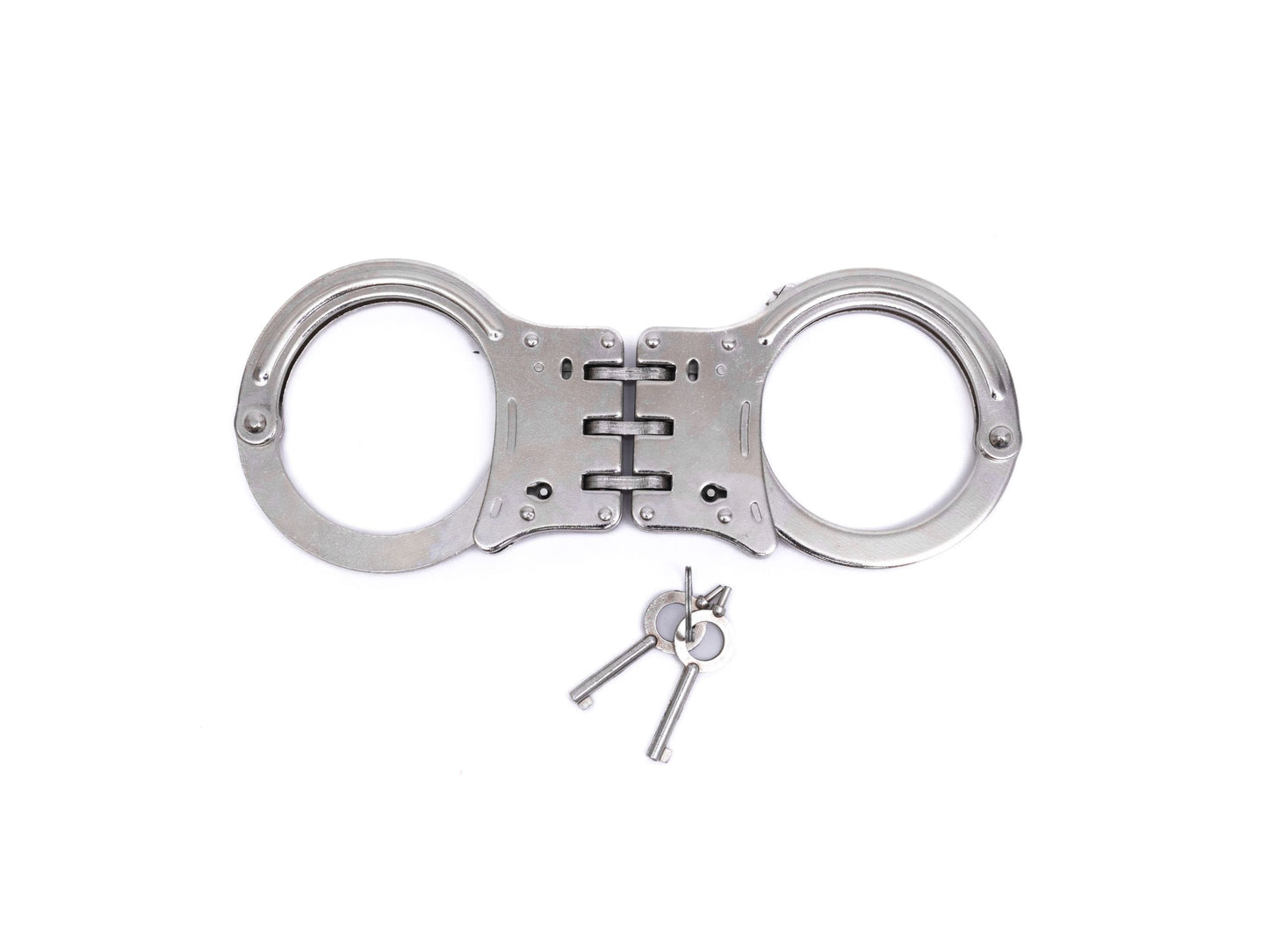 Hinged handcuffs, rigid design with two keys