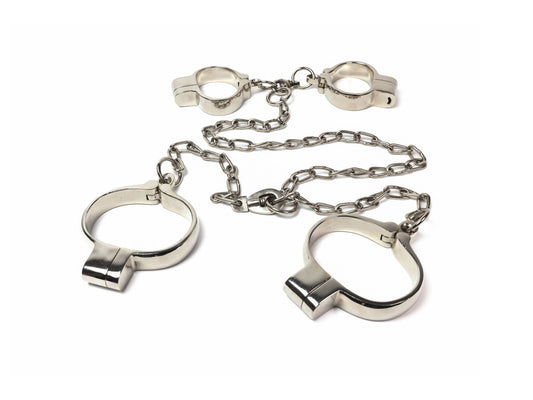 Heavy hand and leg irons with connecting chain