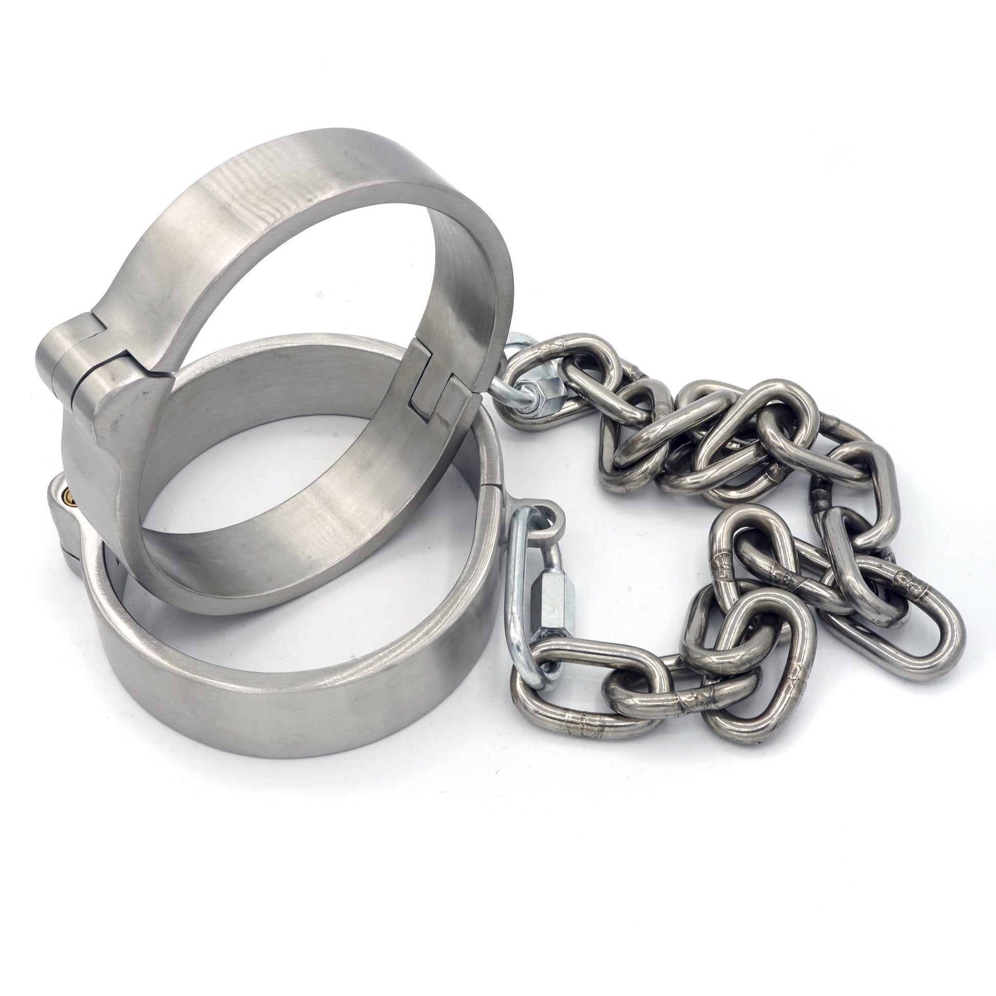 Heavy stainless steel leg irons with chain, lockable